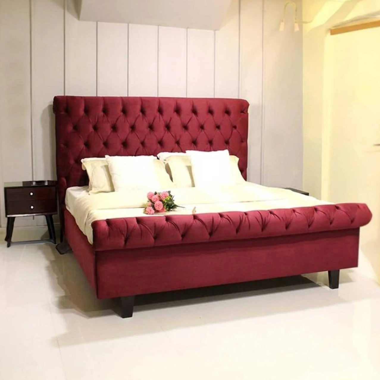 Wooden Bed Frame - Deep Button Tufted Scroll Bed Frame