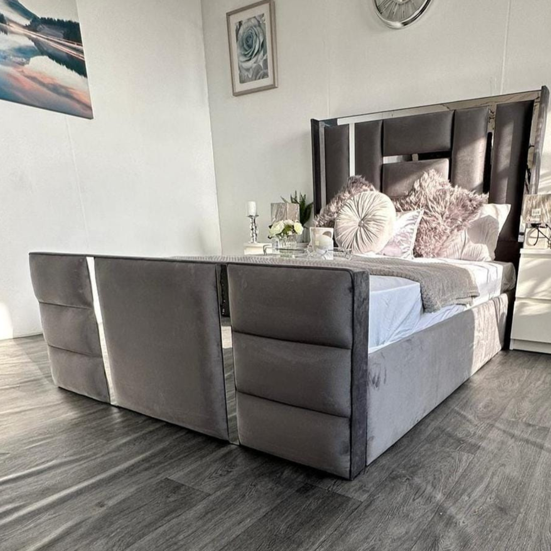 Ottoman Bed Double - Luxurious Velvet Tufted mirrored Linear Ottoman Bed