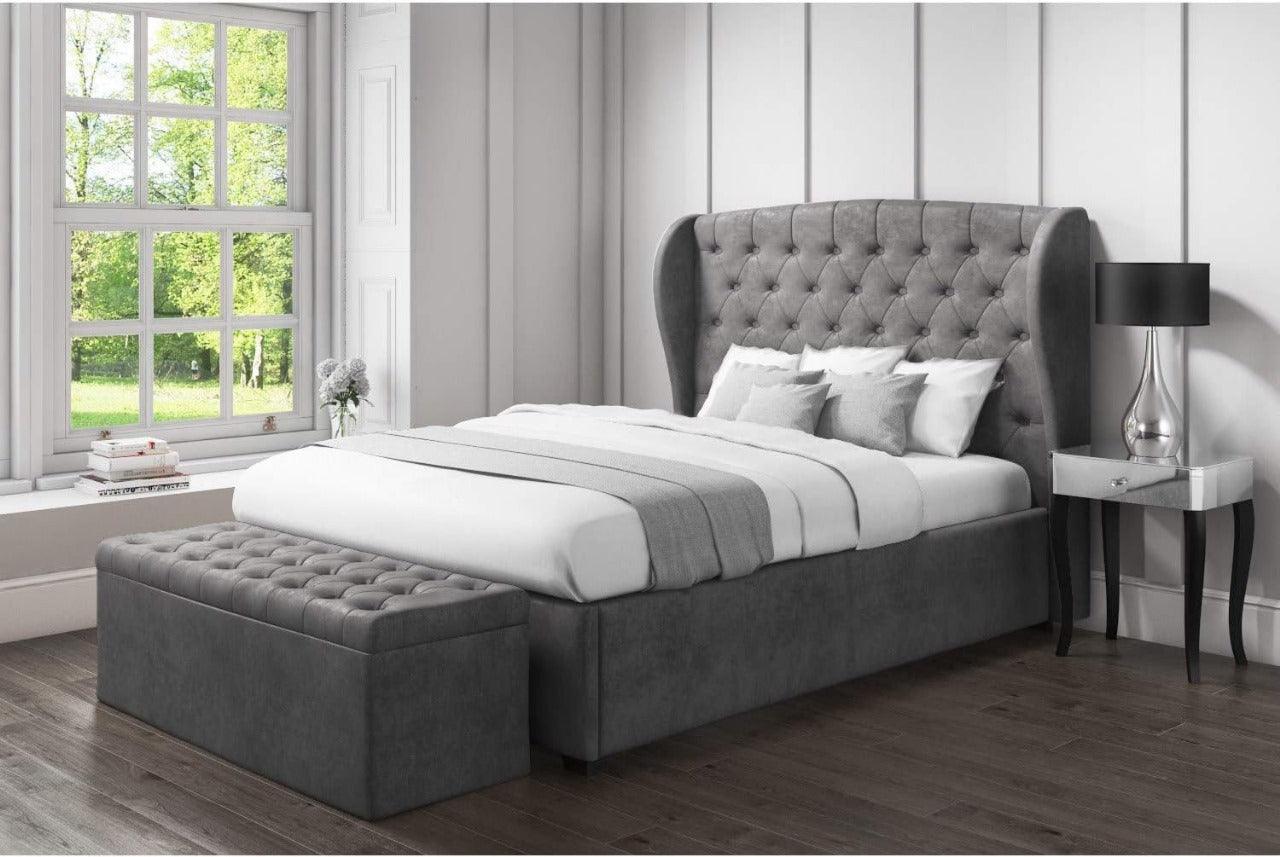 Small Double Ottoman Bed - Buttoned Tufted Wingback Headboard bed frame with storage