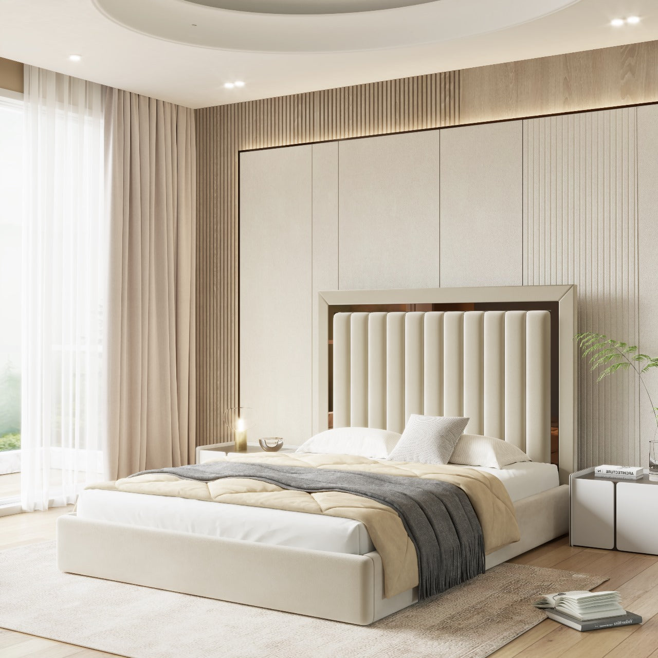 Vertical Linear Ottoman Bed With Golden Strips