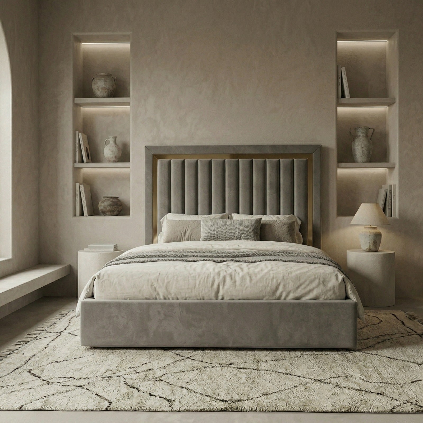 Vertical Linear Ottoman Bed With Golden Strips