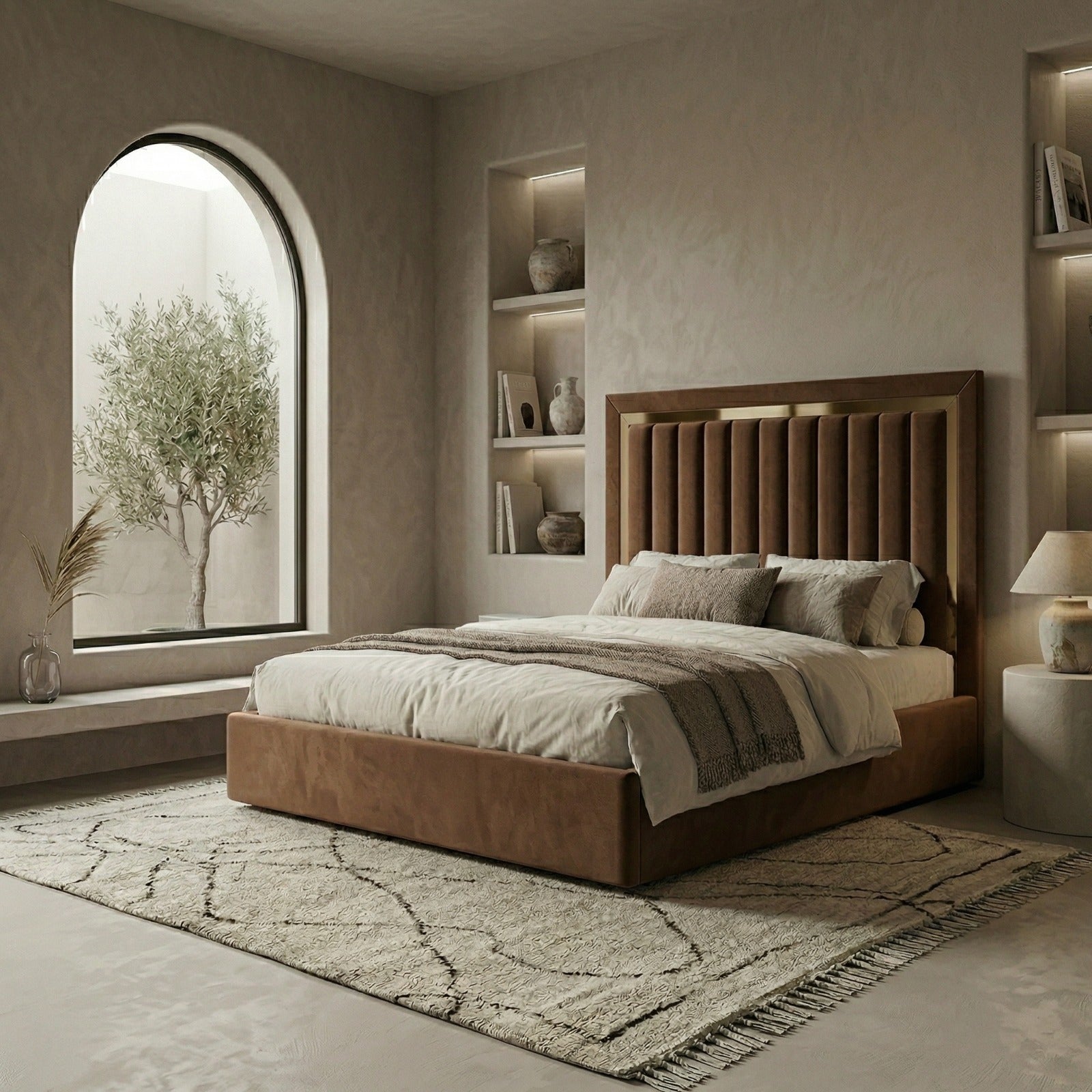 Vertical Linear Ottoman Bed With Golden Strips