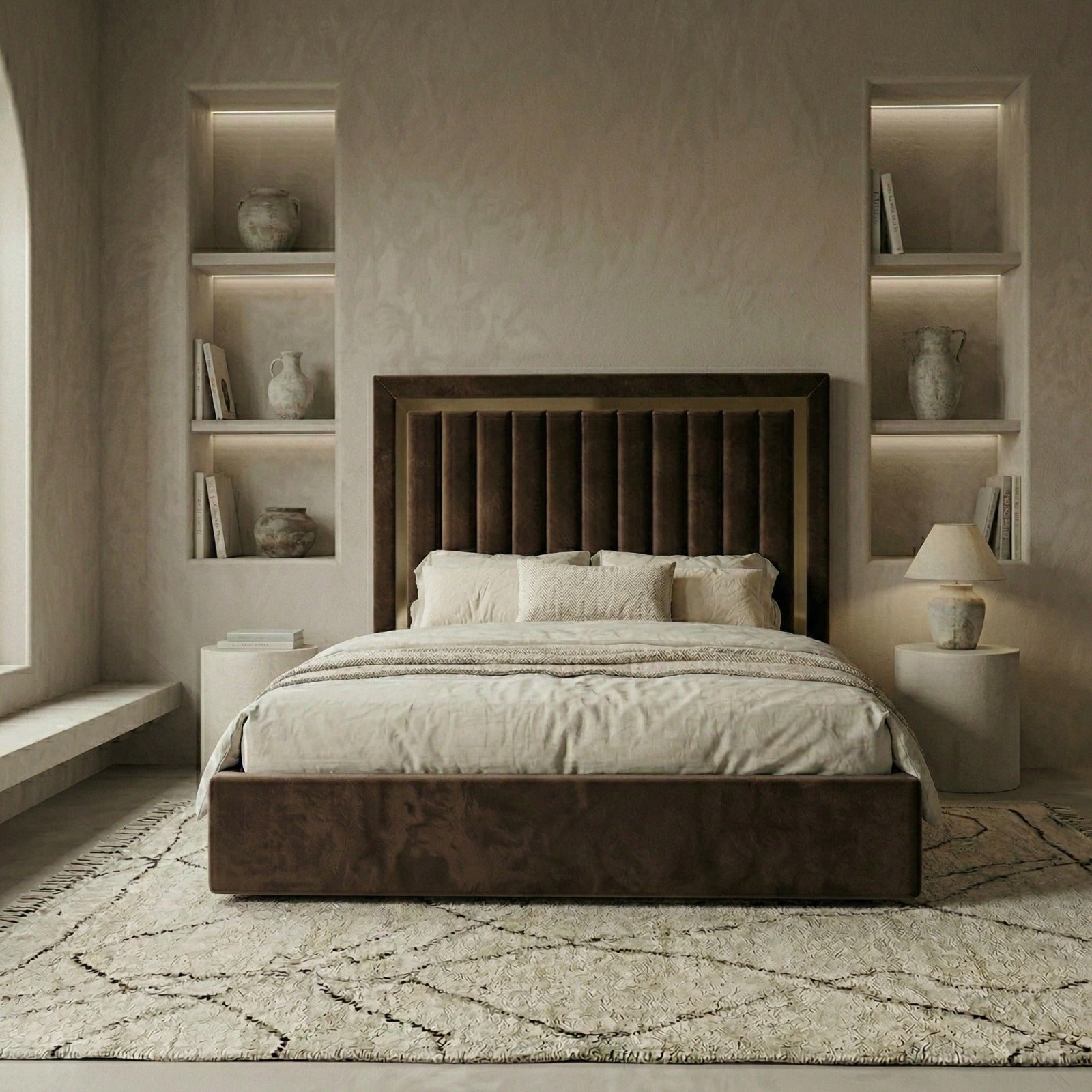 Vertical Linear Ottoman Bed With Golden Strips