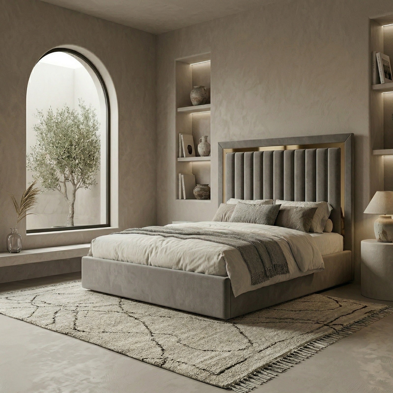 Vertical Linear Ottoman Bed With Golden Strips