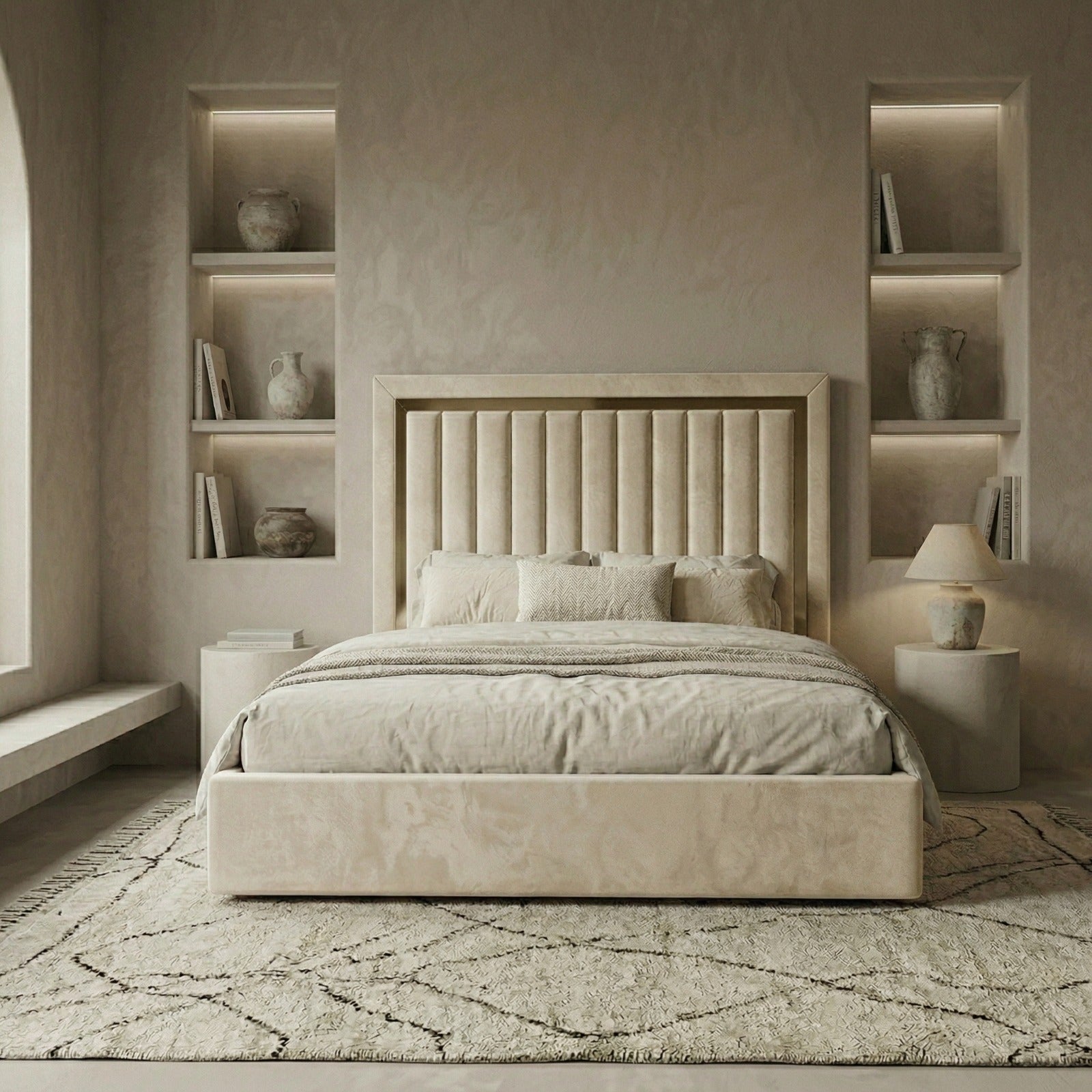 Vertical Linear Ottoman Bed With Golden Strips
