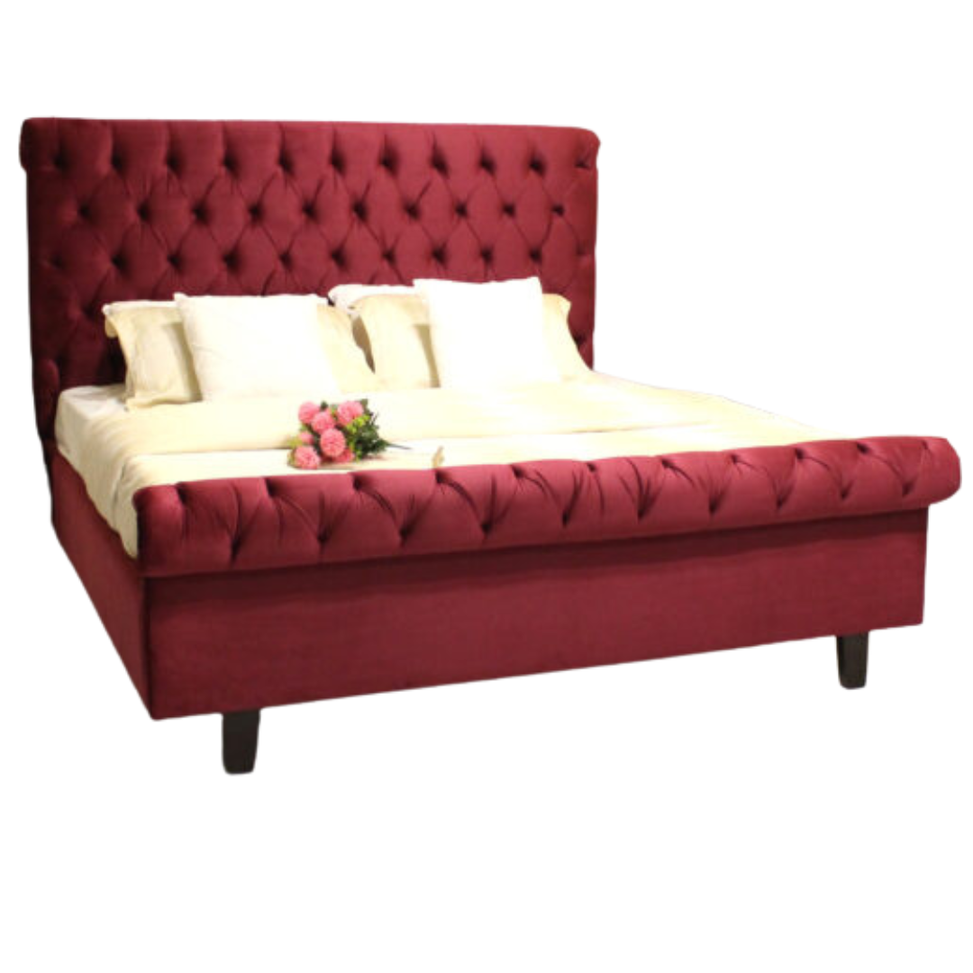 Wooden Bed Frame - Button Tufted Scroll Bed