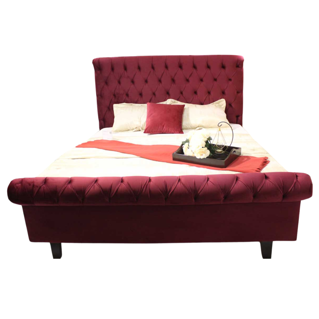 Wooden Bed Frame - Deep Button Tufted Scroll Bed