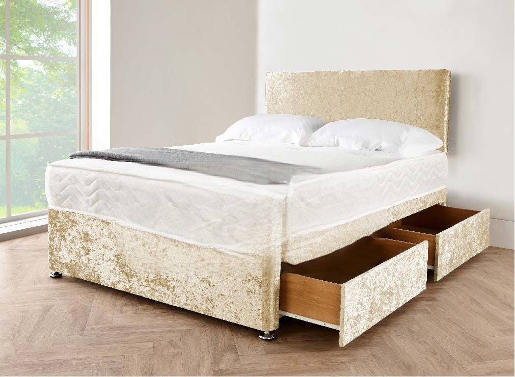 champagne Small Divan Double Bed - Crushed Velvet Divan Bed