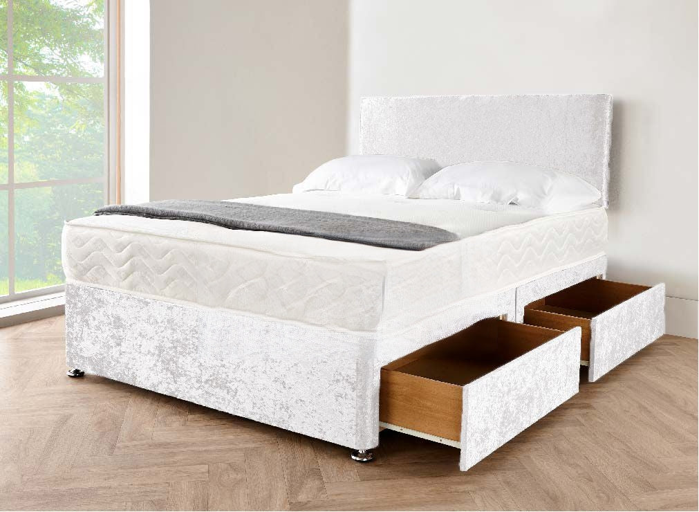 White Small Divan Double Bed - Crushed Velvet Divan Bed